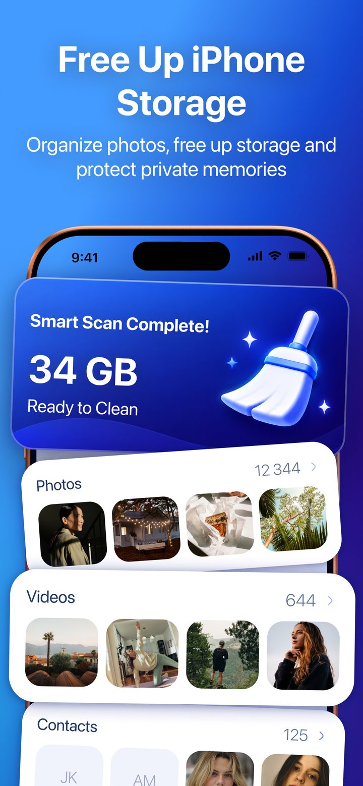 Nirro after a scan: 34 GB ready to clean, with Photos, Videos and Contacts listed underneath.